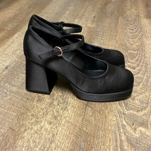 Steve Madden Mingle Black Satin Platform Mary Jane Heels